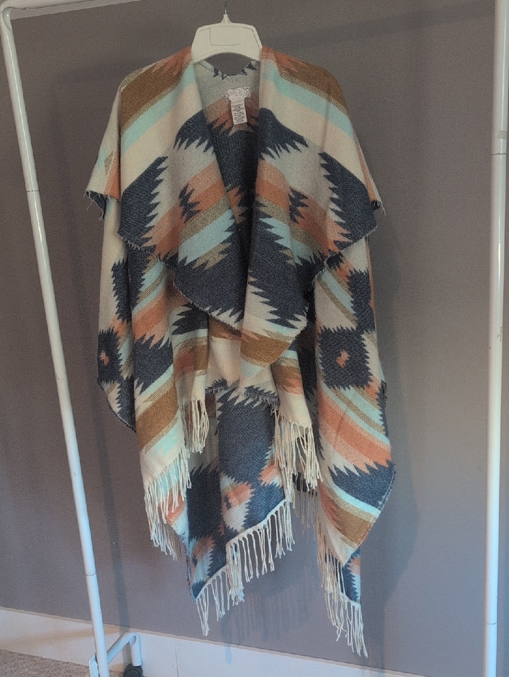 Free People Crossroads Oversized Poncho, With Fringe And Western Pattern